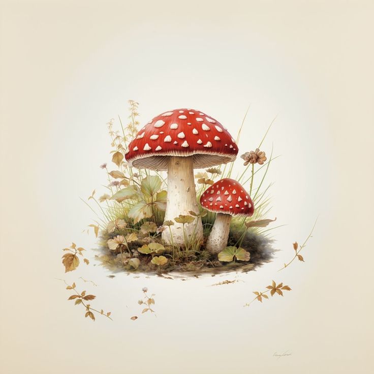 two mushrooms sitting on top of grass and dirt in front of a white sky background