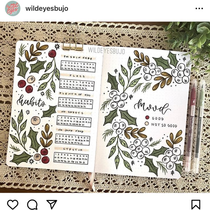 an open planner with holly and berries on it, next to a crochet doily