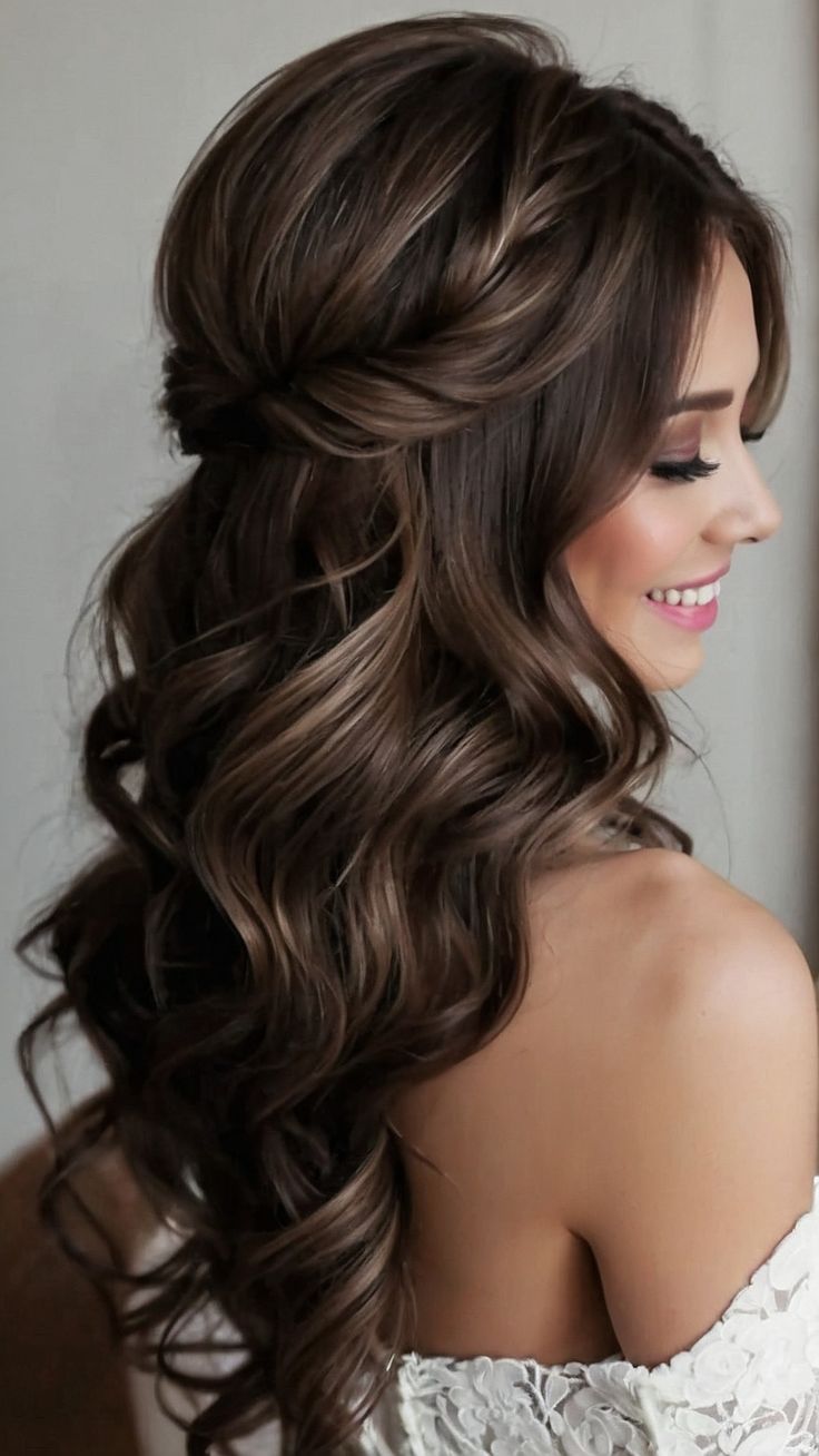 Discover stunning down bridal hairstyles perfect for your wedding day From elegant half up half down styles to long loose waves headbands and classic braids Whether you have brown or blonde hair short or long these timeless and classy styles are sure to suit every bride Curled Bride Hair, Hairstyles For Long Hair Formal Event, Hairstyles For Long Hair Event, Hair Half Up Half Down Wedding Guest, Half Up Half Down Hair Mother Of Groom, Wedding Hairstyle Waves, Bridal Hairstyles Half Up Half Down Medium Length, Wedding Hairstyles Bridesmaid Half Up, Elegant Down Hairstyles Classy