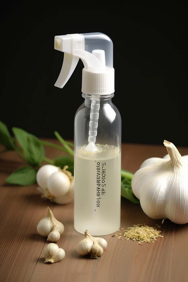 garlic oil in a glass bottle next to garlic on a wooden table