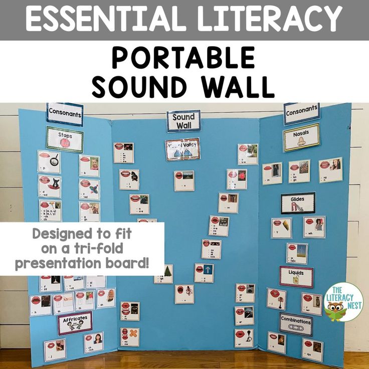 a blue wall with pictures on it and the words,'essential library portable sound wall designed to fit on a tri - fold presentation board