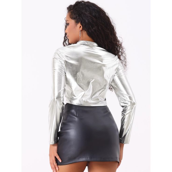 Crafted from metallic fabric, this jacket catches the light and adds a touch of shimmer to your outfit. The metallic finish gives it a luxurious and eye-catching appeal. The stand collar design adds a modern and sleek element to the jacket. It accentuates your neckline and creates a bold and confident look. The Stand Collar Jacket is the perfect choice for any party or club night. Pair it with your favorite figure-hugging dress or opt for high-waisted pants and a crop top for a chic and fashiona Metallic Long Sleeve Outerwear For Party Season, Metallic Outerwear For Winter Party, Metallic Outerwear For Party In Winter, Metallic Winter Party Outerwear, Long Sleeve Tops For Halloween Party, Halloween Party Long Sleeve Tops, Long Sleeve Outerwear For Costume Parties, Metallic Outerwear For Fall Party, Glamorous Metallic Long Sleeve Outerwear