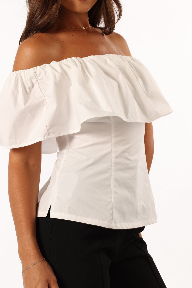 DETAILS   Make a statement in our off the shoulder top. Featuring a straight elasticised neckline, overlay bust feature and short sleeve, this fashionable piece is the ultimate way to show off your style. Whether youâ€™re going for a night out with friends or want to add something special to date night, this eye-catching top will do the trick.   off the shoulder style top  straight elasticised neckline  overlay bust feature  short sleeve  back invisible zip  unlined  material - 100% cotton     S Summer Off-shoulder Ruffled Top With Short Sleeves, Summer Off-shoulder Top With Ruffles And Short Sleeves, Chic Summer Tube Top With Straight Neckline, Fitted Off-shoulder Short Sleeve Top For Summer, Chic Tube Top With Straight Neckline For Summer, Chic Straight Neckline Tube Top For Summer, Trendy Off-shoulder Short Sleeve Top For Summer, Trendy Off-shoulder Tube Top For Day Out, Fitted One Shoulder Top With Short Sleeves For Summer