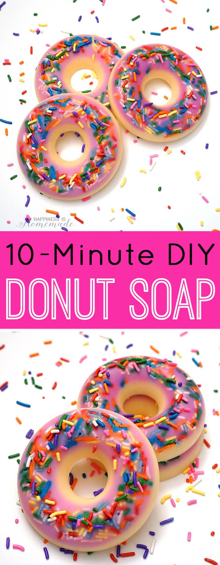 three donuts with sprinkles and the words 10 - minute diy donut soap