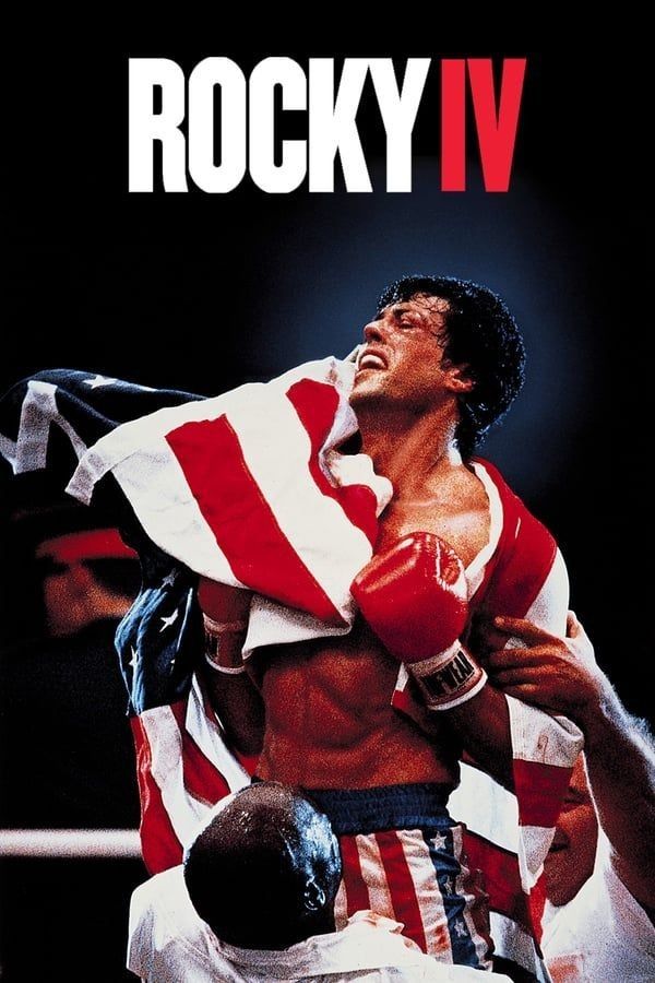 rocky iv movie poster with boxer holding american flag