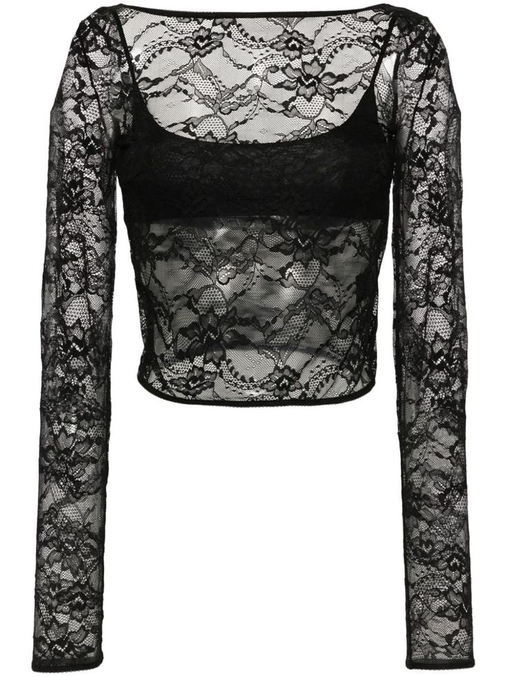 black floral-lace detailing sheer scallop edge boat neck open back long sleeves straight hem detachable bralette Black Lace Undershirt, Ghost Concert, Lace Undershirt, Concert Fit, Blue Lace Top, Velvet T Shirt, Goth Clothing, Black Lace Blouse, Lace Tshirt