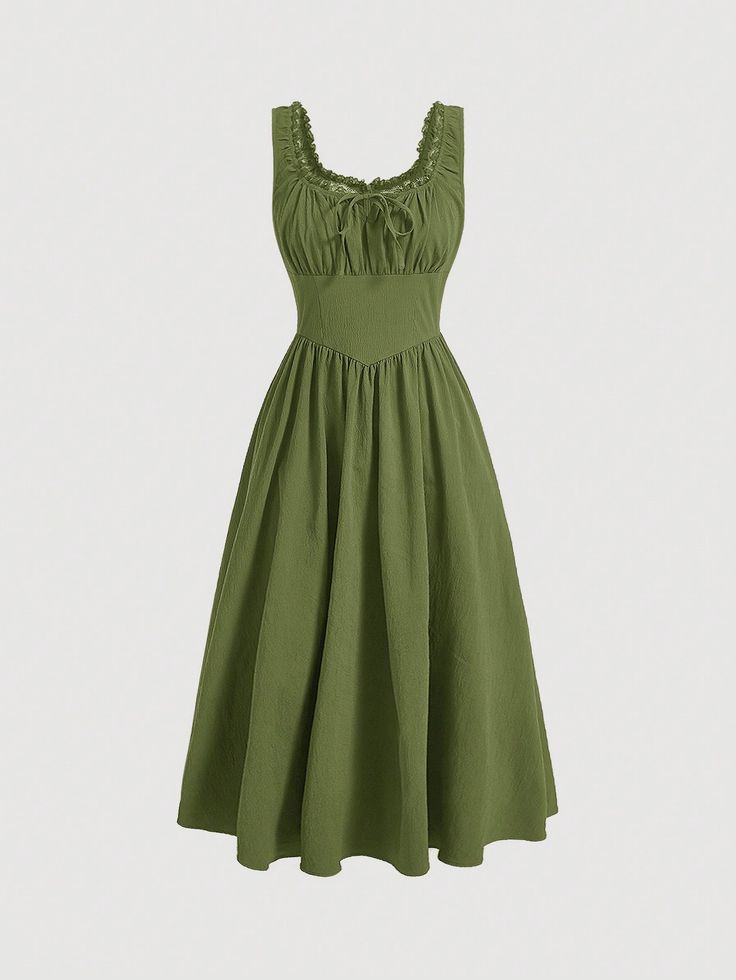 Green Casual Collar Sleeveless Woven Fabric Plain A Line Embellished Non-Stretch  Women Clothing Long Green Dress Casual, Green Casual Dress, Simple Sundress, Green Dress Simple, Cute Green Dresses, Green Lined Vintage Summer Dress, Green Summer Dress, Green Fairycore Dress For Spring, Cute Green Outfits