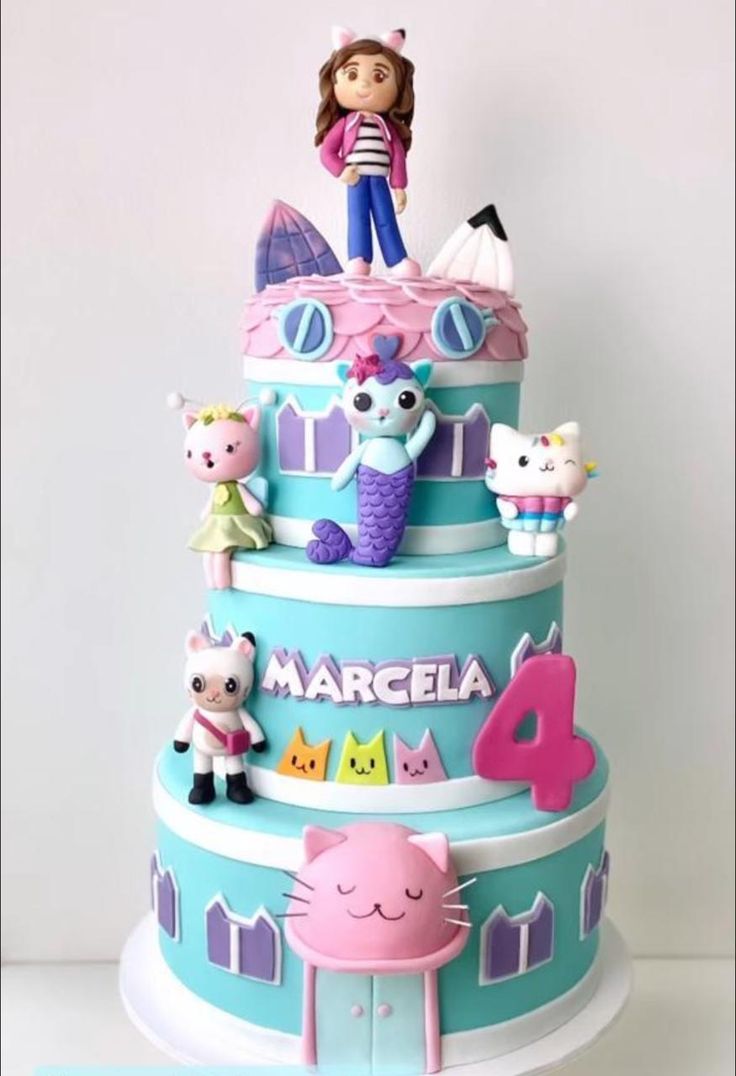 a birthday cake decorated with cartoon characters on it