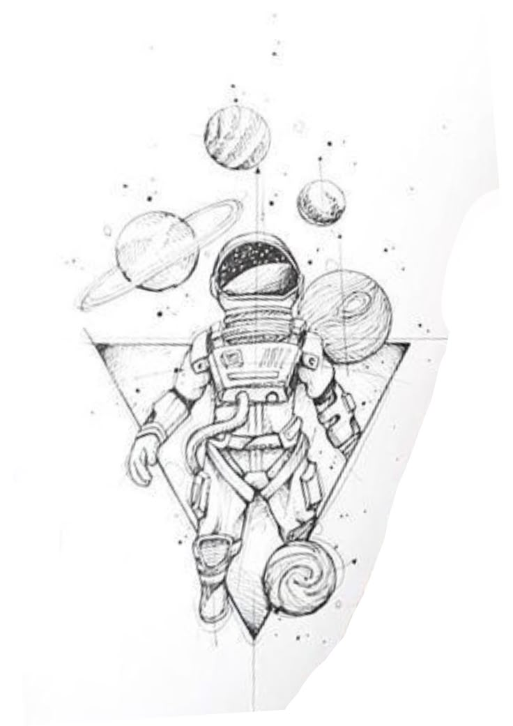 a drawing of an astronaut with planets in the background