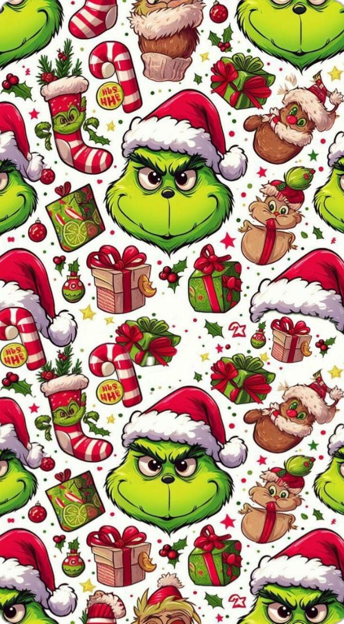 the grin face is surrounded by christmas decorations and presents on white paper with green eyes