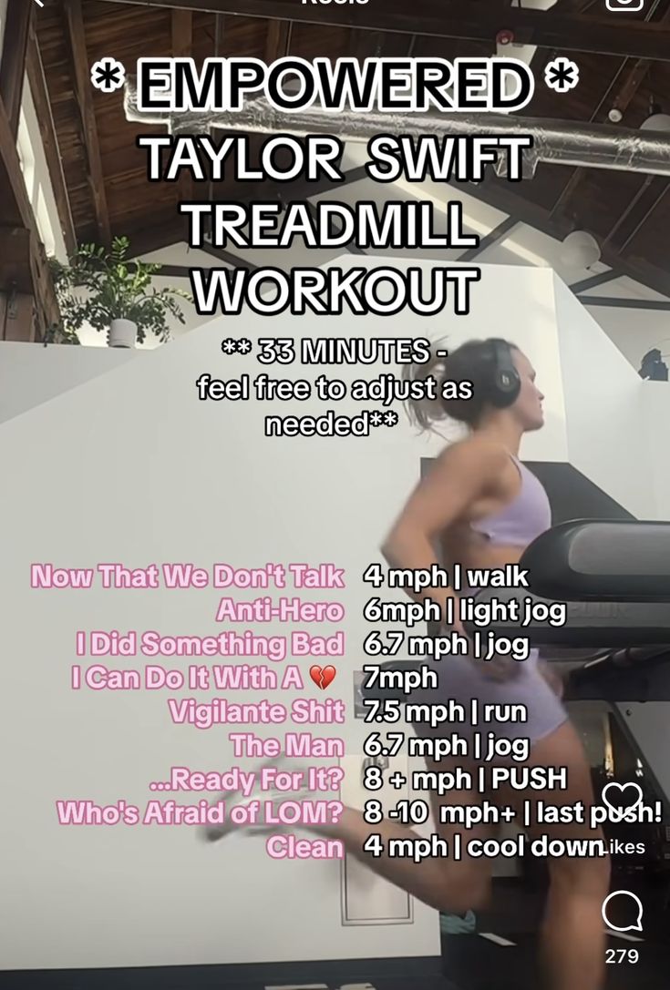 a woman in a white dress standing next to a wall with the words, emo powered taylor swift treadmill workout