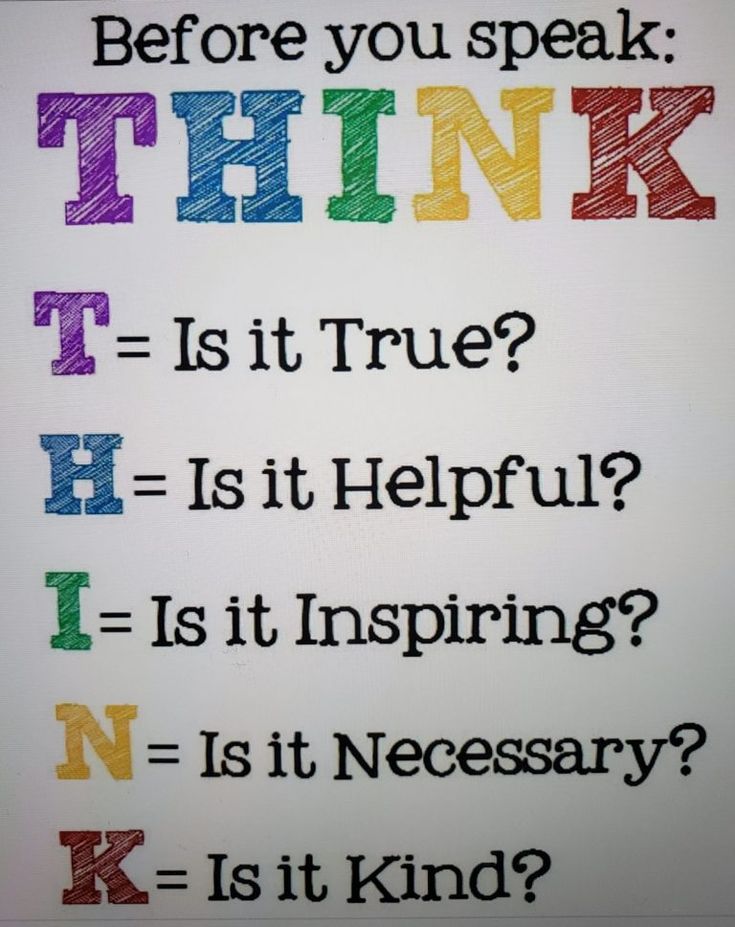 the words think before you speak are written in multicolored letters on white paper