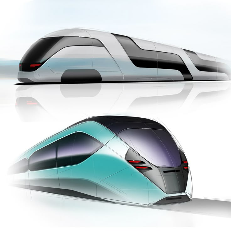 two renderings of a futuristic train on the tracks, one is blue and white