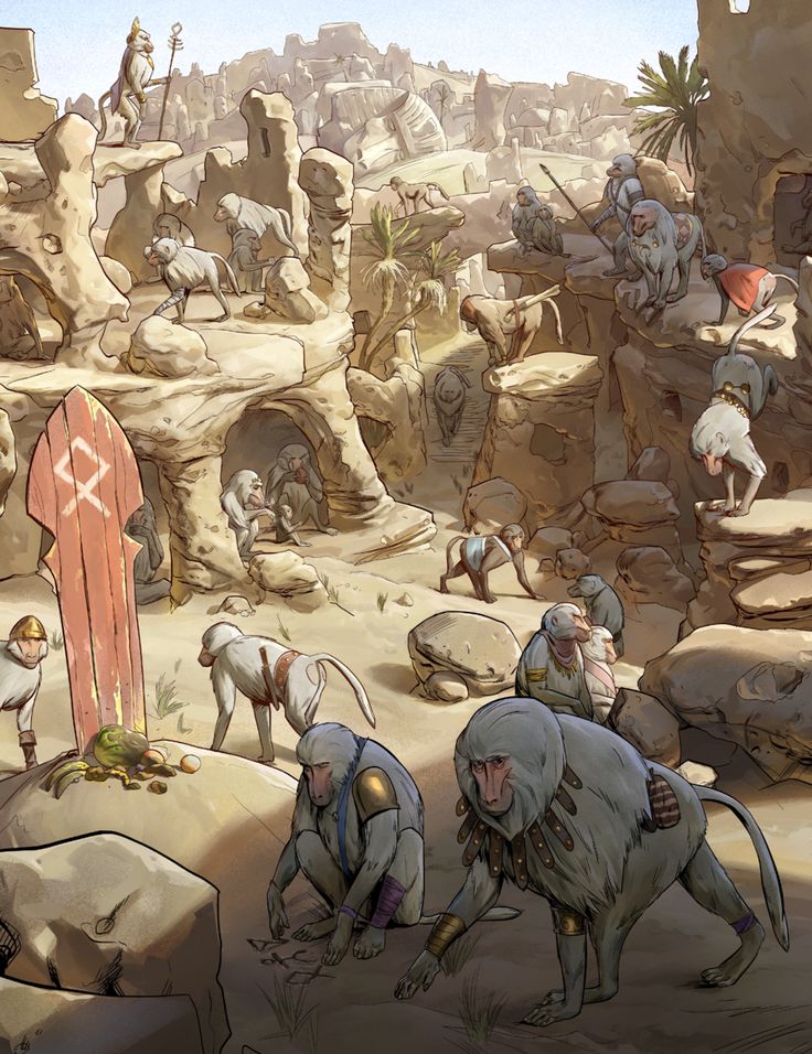 an animated scene with several people and animals in the desert, one man is kneeling down