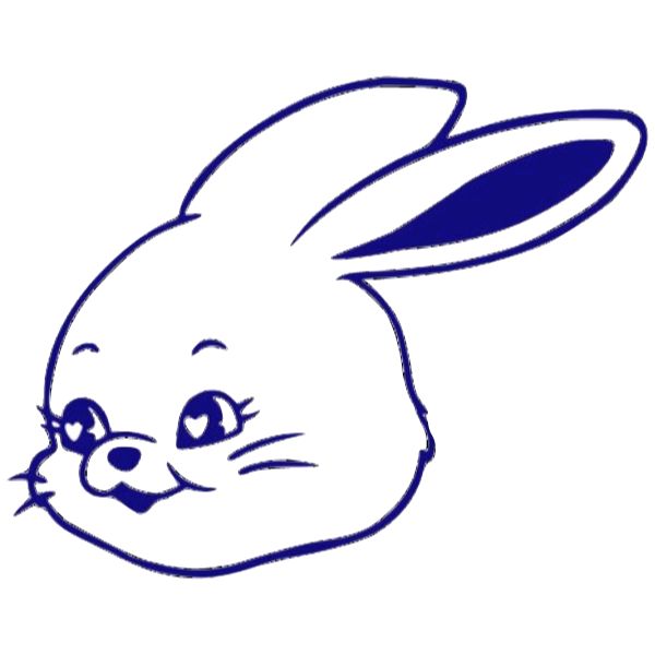 an image of a cartoon bunny face with big eyes and ears, drawn in blue ink