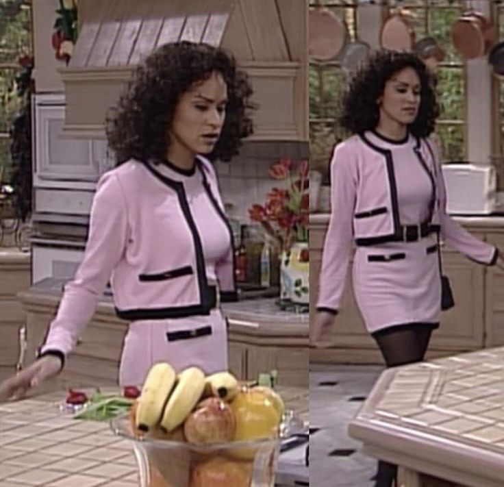 two pictures of a woman standing in front of a bowl of fruit