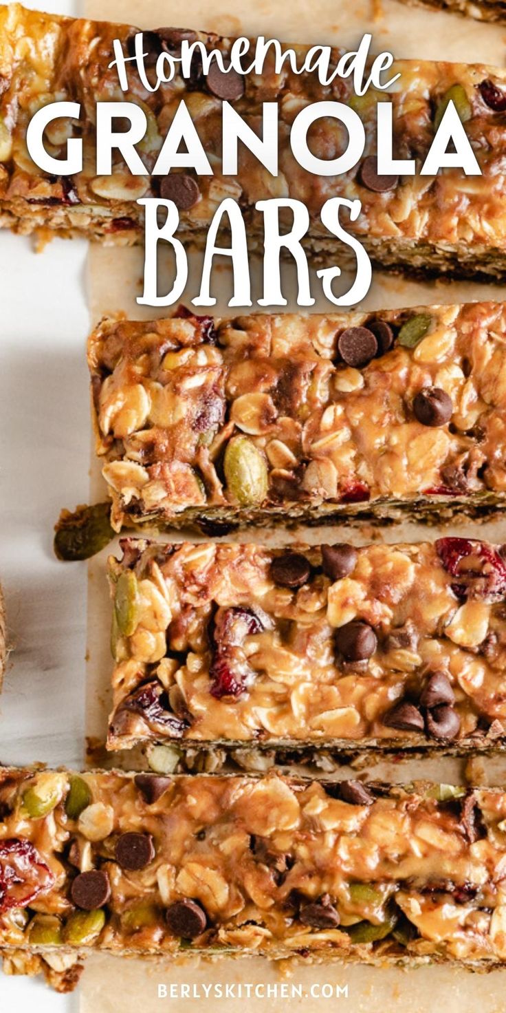 homemade granola bars are stacked on top of each other