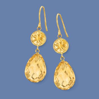 Ross-Simons - 19.00 ct. t. w. Citrine Drop Earrings in 14kt Yellow Gold. A lemon drop you can wear! Lush 15.00 ct. t. w. citrine drops elegantly from 4.00 ct. t. w. bezel-set citrine rounds on each earring of this fascinating pair. Hanging length is 1 1/2" inch. Earwire, 14kt yellow gold earrings. Citrine birthstones are the perfect gift for November birthdays. Formal Yellow Pierced Jewelry, Formal Yellow 14k Gold Earrings, Yellow Gold Faceted Earrings For Anniversary, Yellow 14k Gold Teardrop Jewelry, Faceted Yellow Gold Earrings For Anniversary, Yellow Briolette Earrings For Formal Occasions, Classic Faceted Yellow Gold Earrings, Yellow Faceted Earrings For Formal Occasions, Classic Yellow Dangle Jewelry