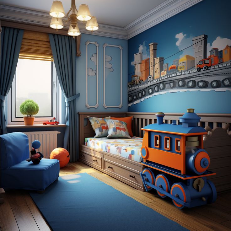 a child's bedroom decorated in blue, orange and white with a train theme