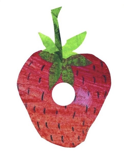 a drawing of a red strawberry with green leaves on it's tip and bottom