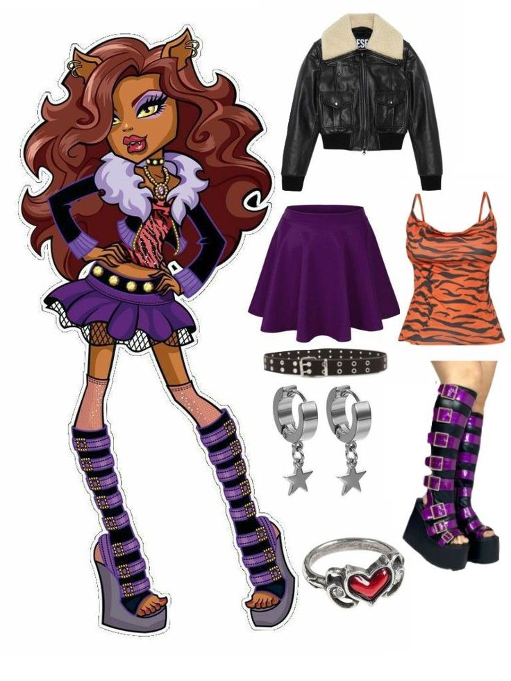 a paper doll with clothes and accessories including boots, jacket, belted skirt and shoes