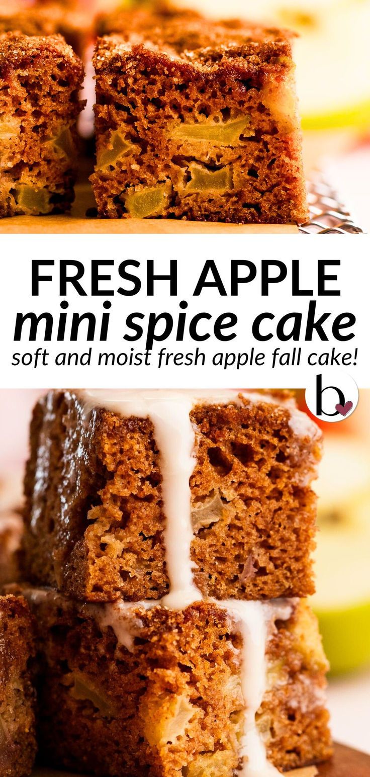 Apple cake slices with chunks of apple, cinnamon sugar top, and icing. Fresh Apple Spice Cake, Small Batch Cake Recipe, Small Batch Cake, Chunky Apple Cake, Small Cake Recipe, Apple Spice Cake Recipe, Moist Spice Cake, Apple Spice Cake, Fresh Apple Cake