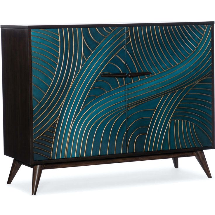 a blue and black cabinet with an abstract design on the front, two doors open