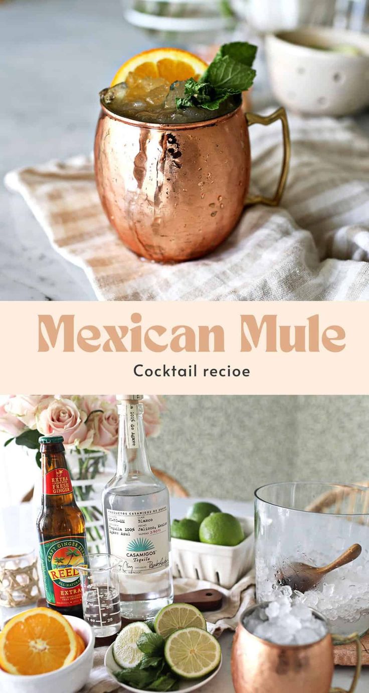 the mexican mule cocktail recipe is ready to be served in copper mugs and garnished with limes