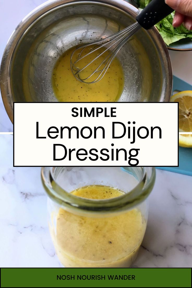 lemon dijon dressing in a glass jar with a whisk on the side