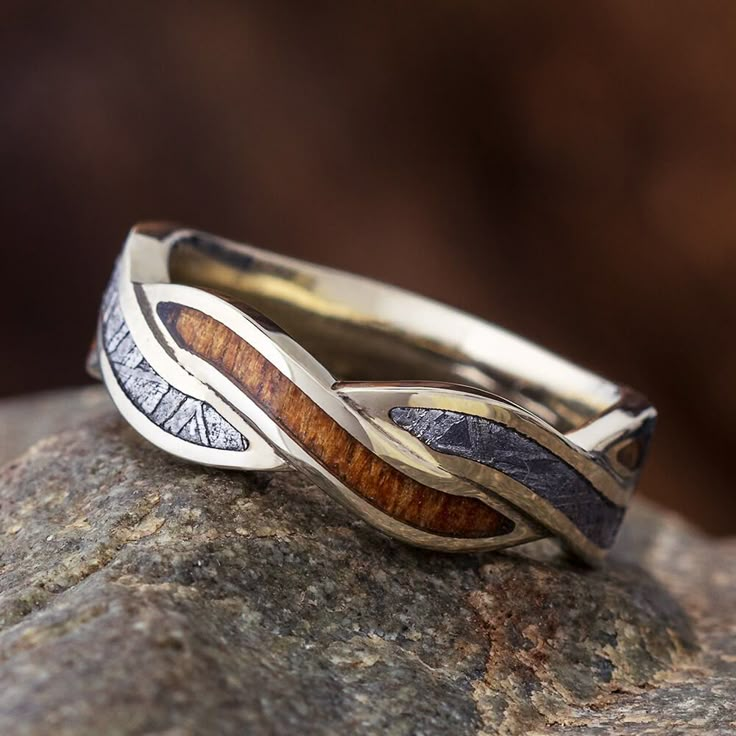 Meteorite and Koa Wood Twist Wedding Band-4538 - Jewelry by Johan Wedding Band Tattoo, Ring Layout, Nature Inspired Wedding Ring, Nature Wedding Ring, Twist Wedding Band, Gibeon Meteorite, Meteorite Jewelry, Wood Wedding Ring, Engraved Wedding Rings