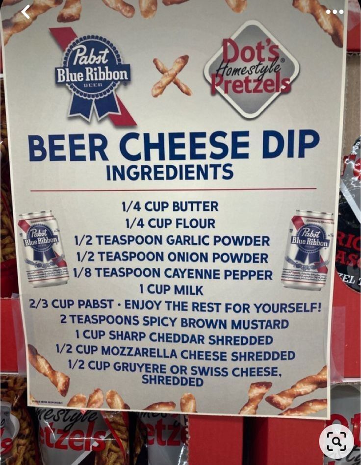 a sign advertising beer cheese dip ingredients