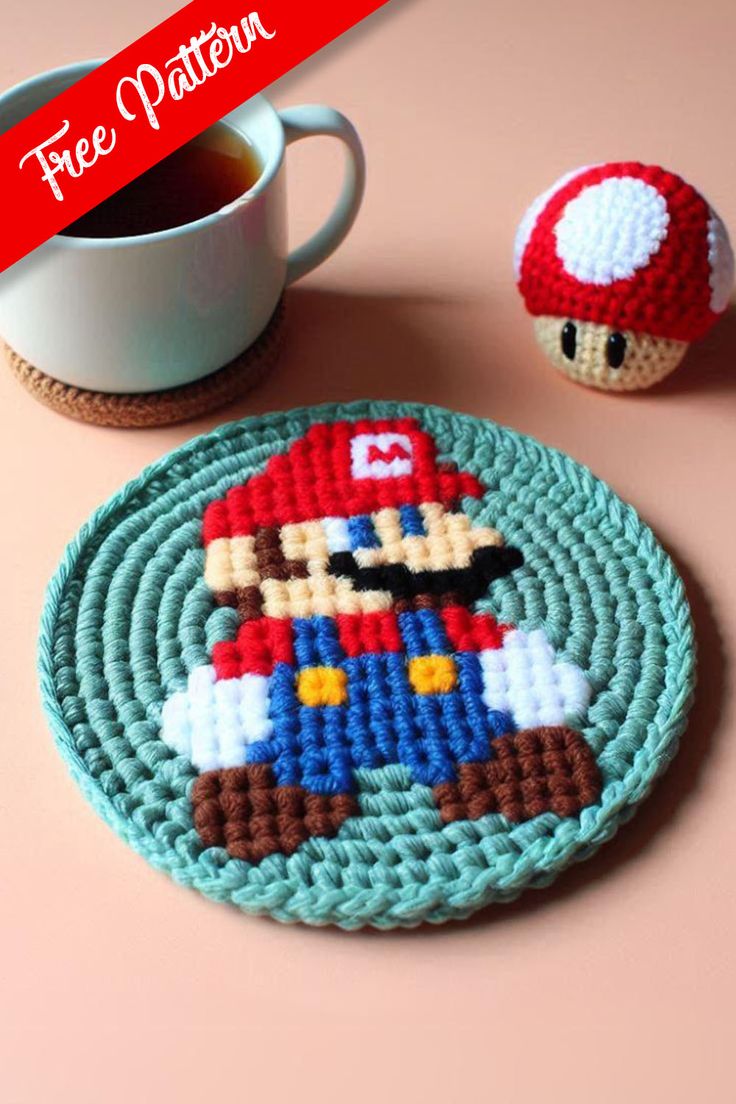 Crochet Mario Coaster Pattern Crochet Coaster For Men, Nintendo Crochet Patterns Free, Crochet Gifts For Gamers, Crochet Pattern Coaster, Crochet Gaming Accessories, Video Game Crochet Patterns Free, Cute Crochet Coasters Free Pattern, Crochet Coaster Ideas, Video Game Crochet Patterns