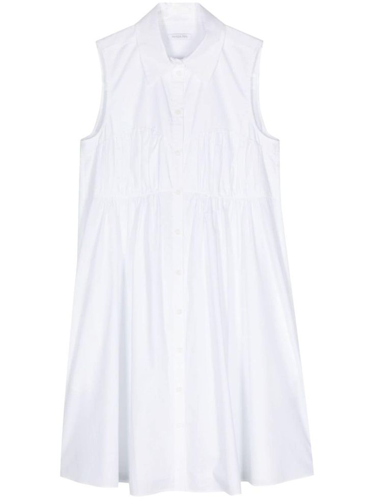 optical white cotton poplin texture ruched detailing classic collar sleeveless slip pockets to the sides front button fastening straight hem removable slip skirt Spring Shirt Dress With Pleated Waist, Classic Daywear Dresses With Pockets, Summer Midi Shirt Dress With Pleated Waist, Chic Shirt Dress With Pleated Waist For Daywear, Spring Cotton Shirt Dress With Pleated Waist, Collared Shirt Dress With Pleated Waist For Daywear, Summer Collared Shirt Dress With Pleated Waist, Elegant Poplin Daywear Dresses, Fitted Shirt Dress With Pleated Waist For Summer