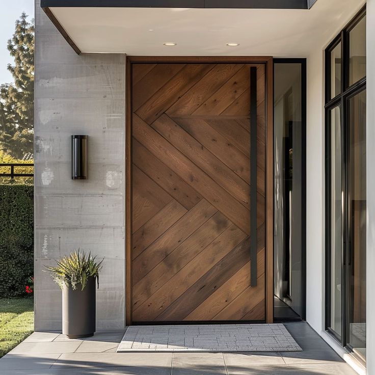 a modern wooden door on the side of a house with potted plants in front