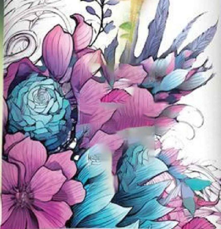 an artistic painting of flowers and leaves on a white background with blue, pink, purple and green colors