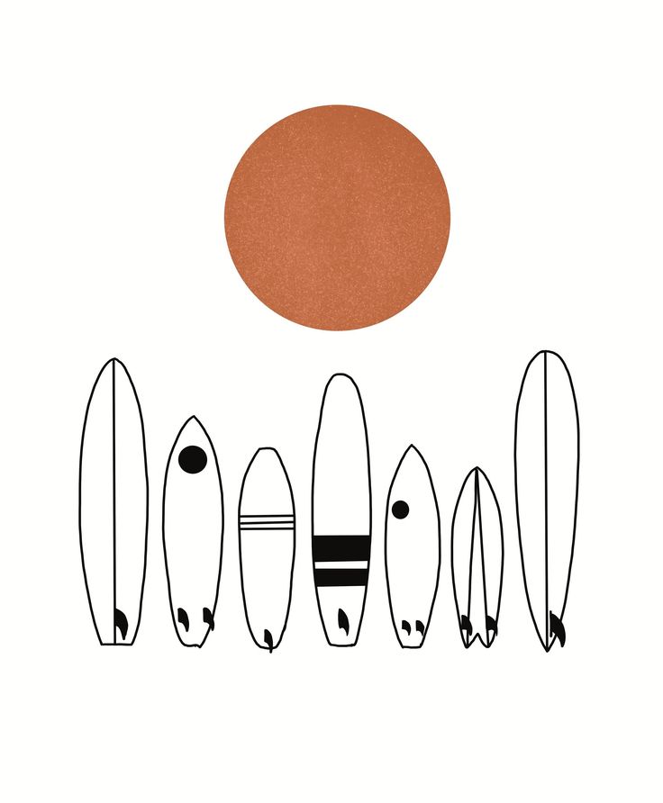 an orange circle is above five surfboards in black and white, with one red dot at the bottom