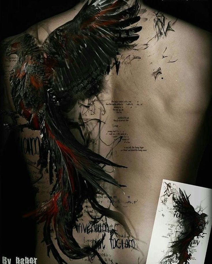 the back of a man's body with tattoos on it and an image of a bird