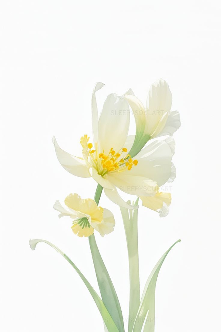 two white and yellow flowers in a glass vase on a table with green stems against a white background