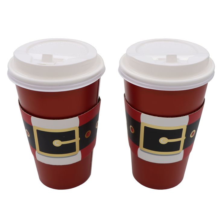 two red coffee cups with santa claus's belt on them