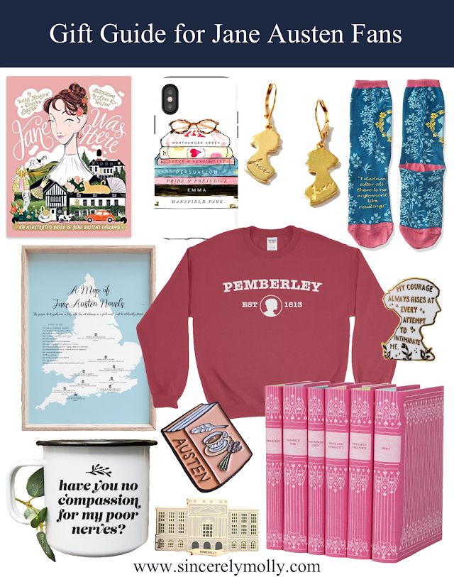 the gift guide for jane austen fans includes books, mugs and other items