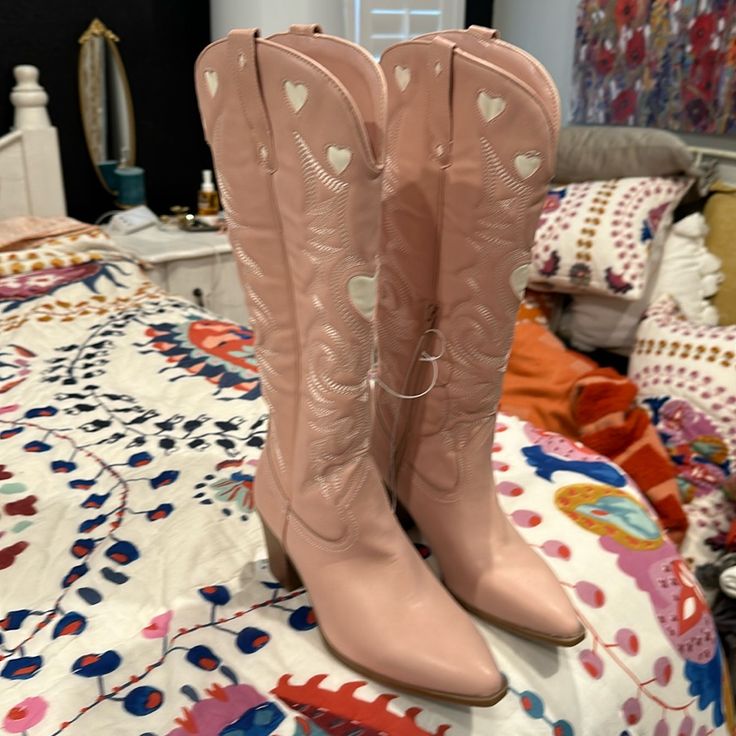 Super Cute Cowboy Boots. Nwt. Size 81/2. Roomy Calves! Spring Season Rodeo Knee-high Boots With Snip Toe, Spring Rodeo Knee-high Boots With Snip Toe, Spring Knee-high Boots With Snip Toe For Rodeo, Wide Calf Snip Toe Knee-high Boots For Spring, Wide Calf Knee-high Boots With Snip Toe For Spring, Pink Knee-high Boots With Round Toe For Fall, Ankle-high Rodeo Boots For Spring, Ankle-high Boots For Rodeo In Spring, Ankle-high Boots For Spring Rodeo