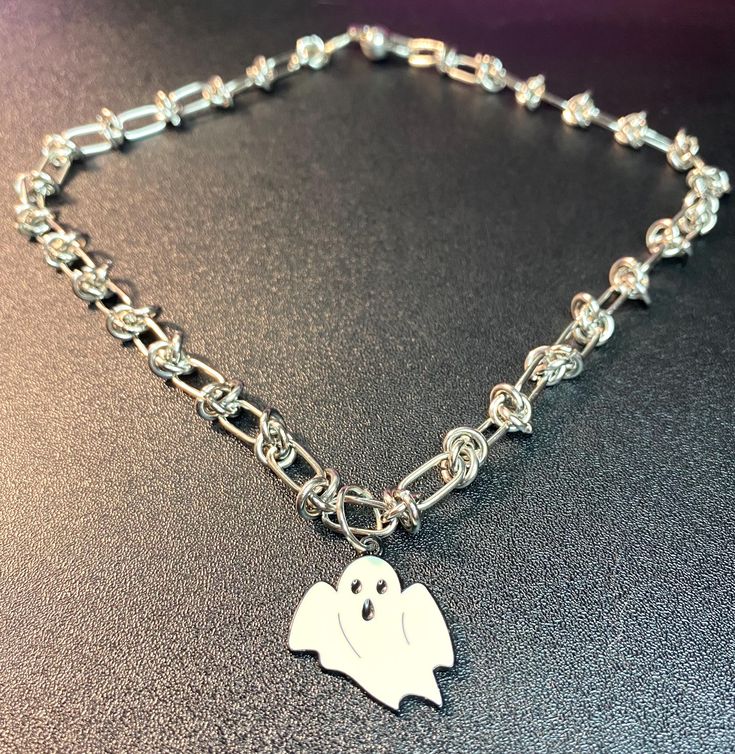 Handmade stainless steel barbed wire chain necklace with stainless ghost charm. 17" long. White Chain Necklace For Streetwear, Silver Necklace For Halloween Streetwear, Halloween Stainless Steel Chain Necklace, White Gothic Metal Necklace, Barbed Wire, Chains Necklace, Necklace Etsy, Beauty Book, Ghost