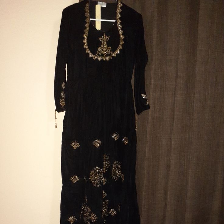 Beautiful Micro Velvet Mirror Embroidered Full Length Dress Fitted Black Kurta With Gold Embroidery, Elegant Party Kurta With Gold Embroidery, Black Long Dress With Intricate Embroidery, Long Black Dress With Intricate Embroidery, Fitted Black Kurta For Party, Black Anarkali Long Dress, Elegant Floral Embroidered Kurta For Fall, Elegant Fall Kurta With Floral Embroidery, Elegant Floral Embroidery Kurta For Fall