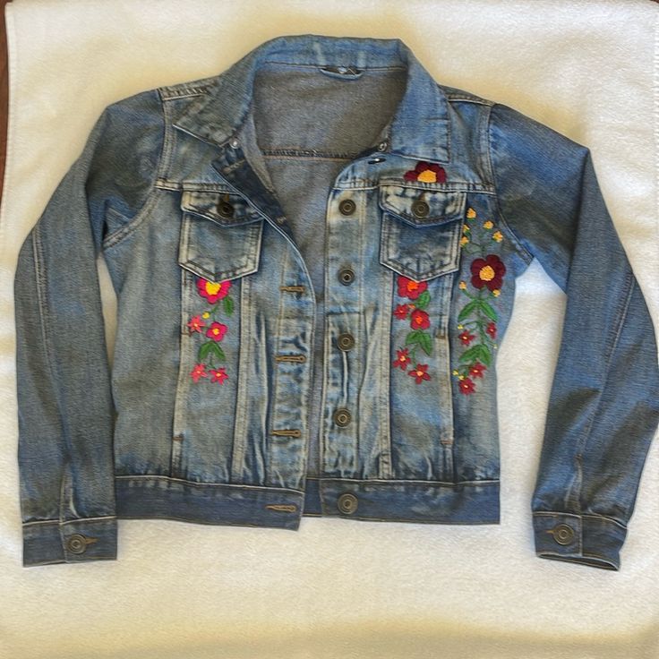 I Love To Do Embroidery And I Am Making Jackets To Sell As A Fun Time To Me. This Is Nice Jacket Size M. You Will Have An Exclusive Jacket Just For You. Embroidered Fitted Casual Outerwear, Embroidered Red Outerwear For Spring, Casual Embroidered Fitted Outerwear, Casual Fitted Embroidered Outerwear, Casual Red Embroidered Outerwear, Red Embroidered Outerwear For Spring, Fitted Winter Denim Jacket With Floral Embroidery, Fitted Denim Jacket With Floral Embroidery For Winter, Casual Fall Outerwear With Custom Embroidery