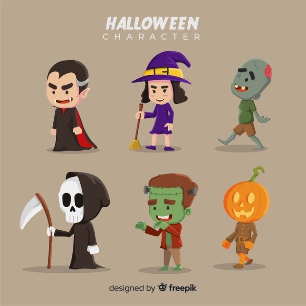 halloween characters with different costumes and expressions