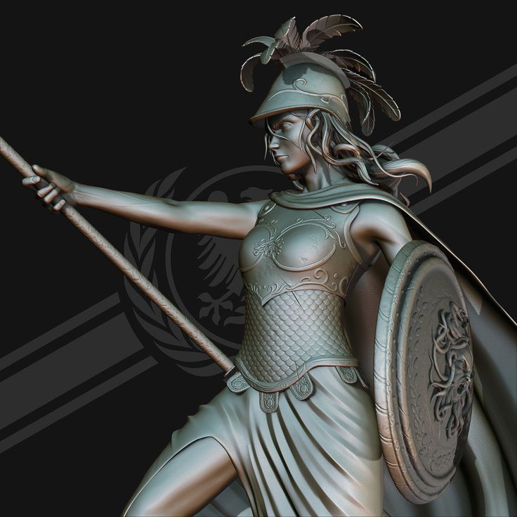 a statue of a woman holding a spear and shield