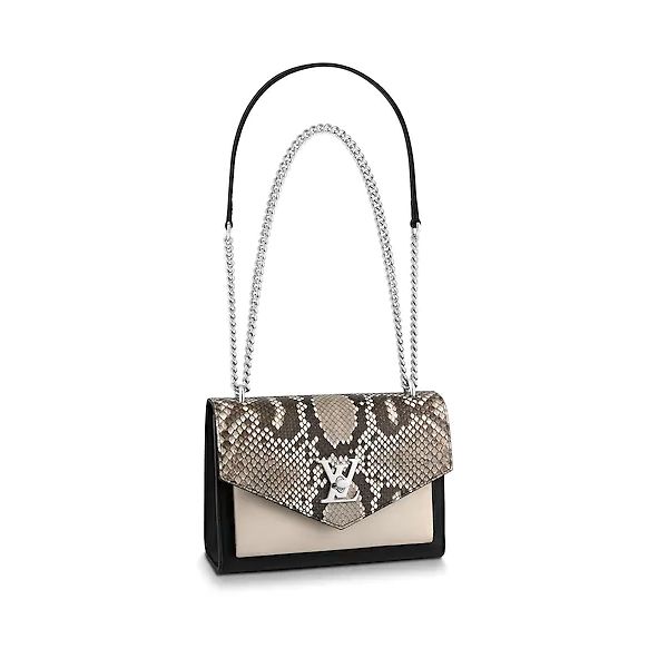 Description The elegant Mylockme BB handbag comes in black and cream grained calf leather with a flap in natural roccia python. The envelope-style flap, which is a key detail of the Mylockme line, is secured with an LV Turn-lock. This bag features an adjustable strap for shoulder or cross-body carry. Size: 8.86 x 6.69 x 2.17 inches / 22.5 x 17.0 x 5.5 cm Black/Crème Beige Grained calf leather and python skin Grained calf leather trim Microfiber lining Silver-toned hardware LV Turn Lock Adjustable chain strap with leather pad (drop: min. 29 cm/11.5 inches, max. 53 cm/21 inches) for shoulder or cross-body carry Flat front pocket Inside flat pocket Comes with dustbag, ation cards, and pamphlets 1:1 mirror image qualityDelivery 5-8 or 10-15 working days Please note that during high season and Handbags Collection, Louis Vuitton Store, Python Skin, Louis Vuitton Official, Leather Texture, Black And Cream, Louis Vuitton Twist Bag, Boutique Jewelry, Small Leather Goods