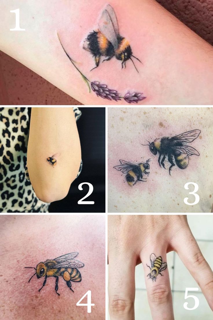 four pictures showing different types of tattoos on the arm and hand, with numbers below them