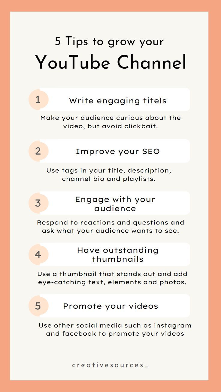 the 5 tips to grow your youtube video channel info sheet with text overlaying it