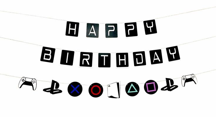 a happy birthday banner with letters and symbols